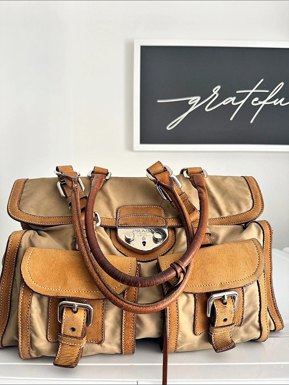 Prada Vintage Prada Tessuto Nylon and Leather Buckle Pocket Handbag Vintage